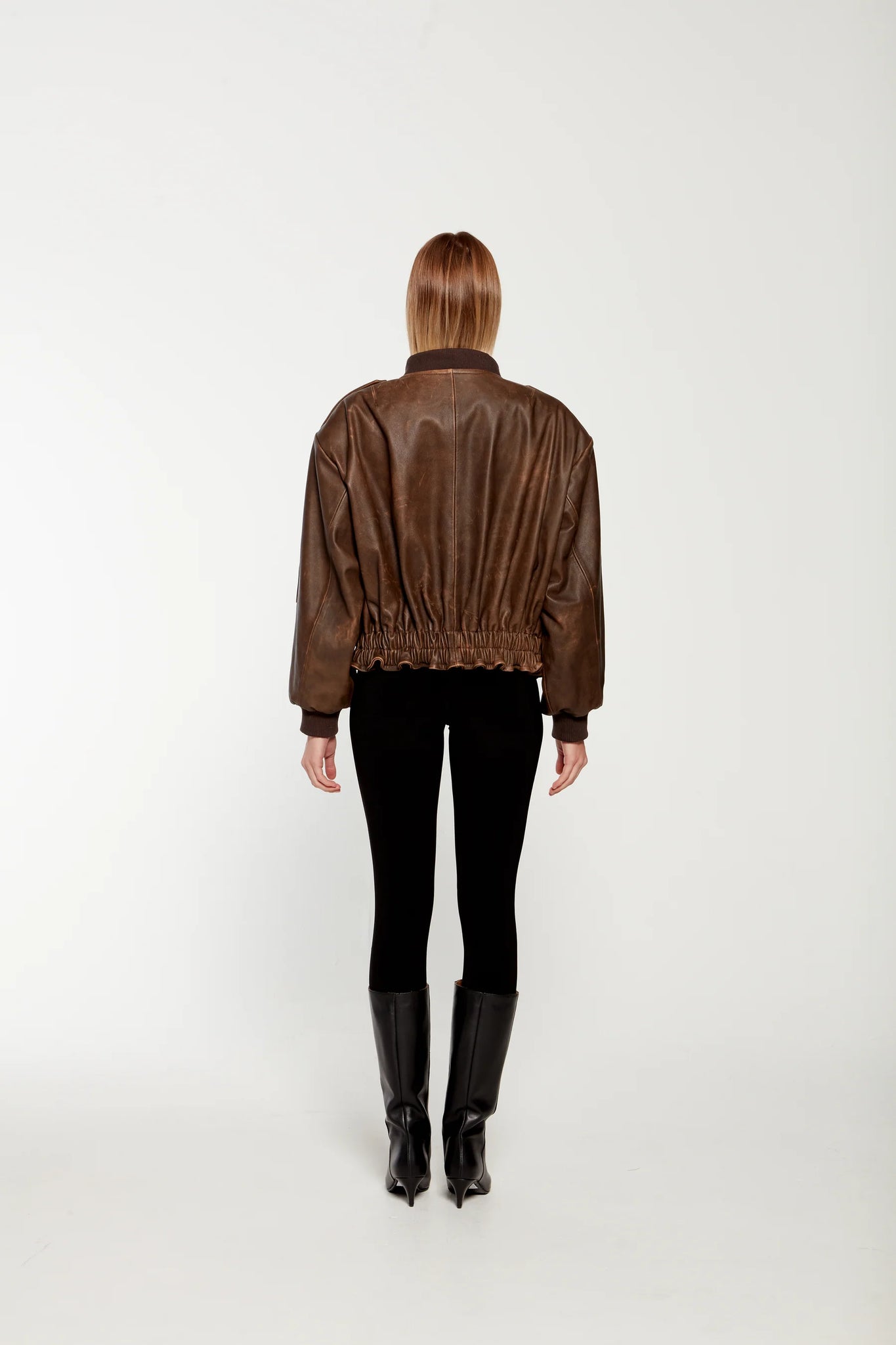 LUNA DISTRESSED LEATHER BOMBER JACKET - BROWN - DUCIE LONDON