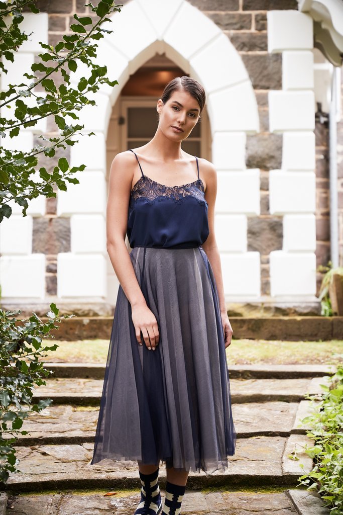 Lace cami top deals tulle midi dress