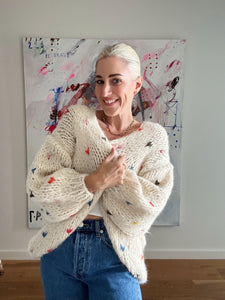LANE CASHMERE CARDIGAN SHORT - OFF WHITE COLOURED HEARTS - LES TRICOTS D'O