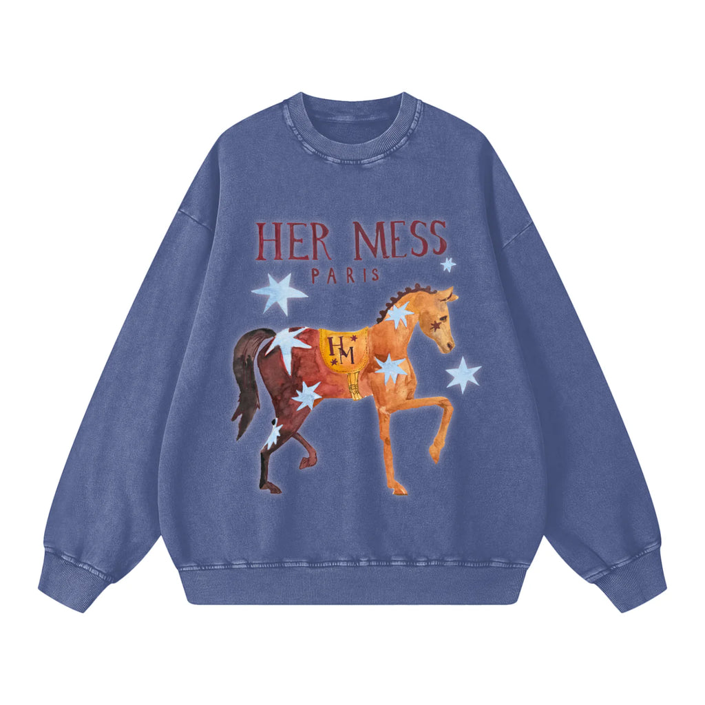 HER MESS ACID WASH CREW - BLUE - MAKU