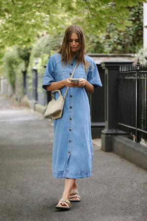 AVA SHORT SLEEVE MIDI DRESS - VINTAGE BLUE - CERES LIFE