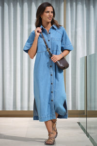 AVA SHORT SLEEVE MIDI DRESS - VINTAGE BLUE - CERES LIFE
