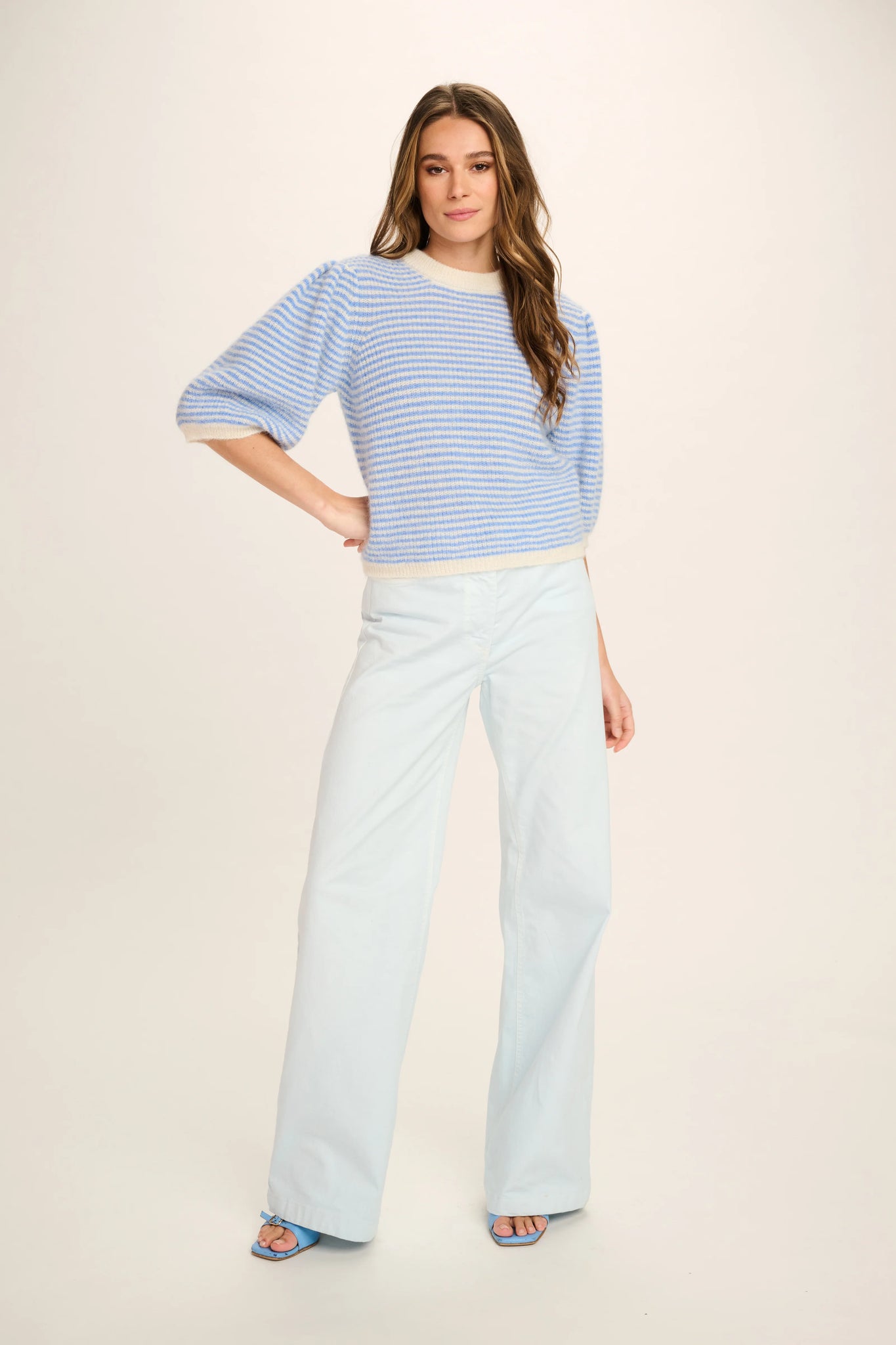 FEDERICA ALPACA PUFF SLEEVE PULLOVER - JEANS BLUE / OFF WHITE STRIPED - LES TRICOTS D'O