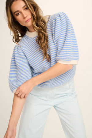 FEDERICA ALPACA PUFF SLEEVE PULLOVER - JEANS BLUE / OFF WHITE STRIPED - LES TRICOTS D'O