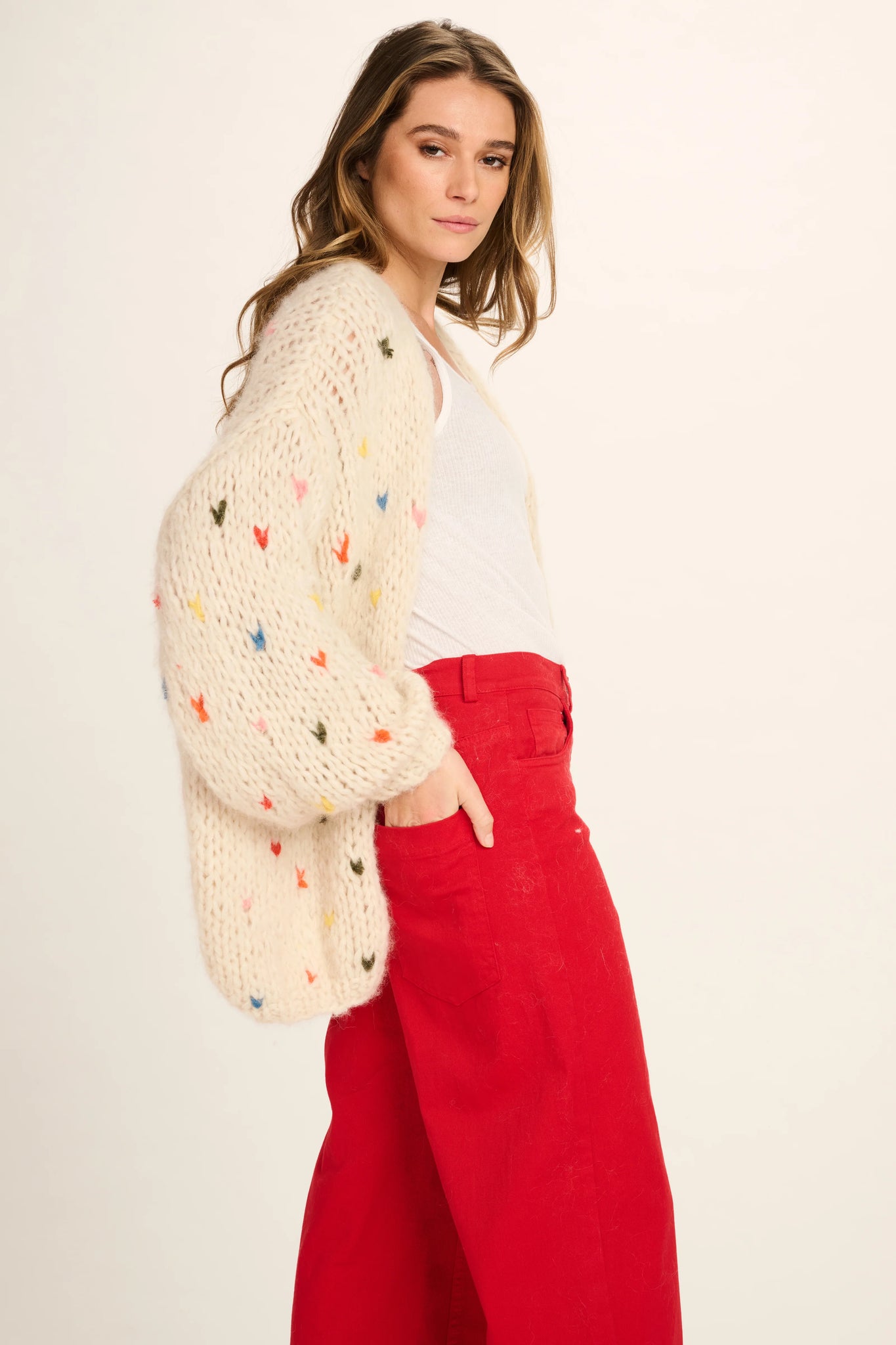 LANE CASHMERE CARDIGAN SHORT - OFF WHITE COLOURED HEARTS - LES TRICOTS D'O