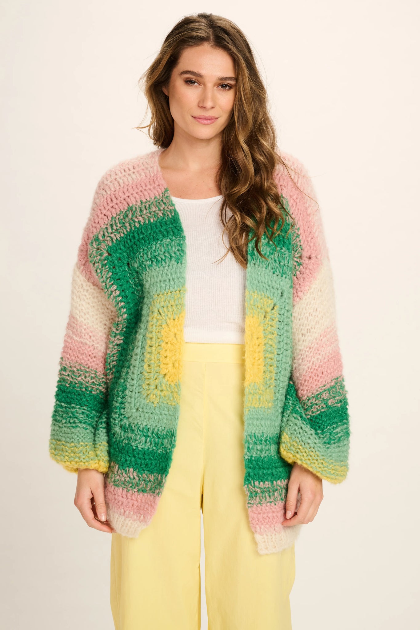 LAURA CASHMERE CARDIGAN SHORT - PINK GREEN YELLOW OFF WHITE CROCHET - LES TRICOTS D'O