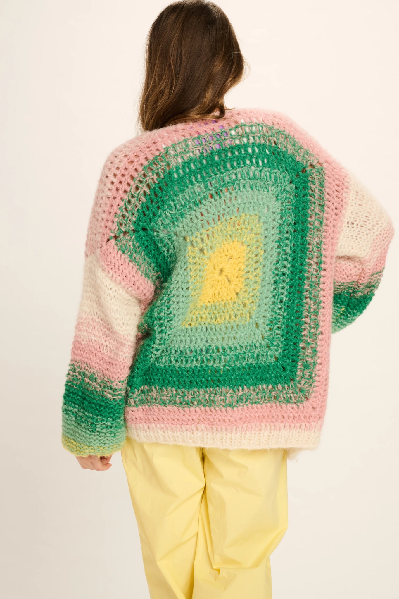 LAURA CASHMERE CARDIGAN SHORT - PINK GREEN YELLOW OFF WHITE CROCHET - LES TRICOTS D'O