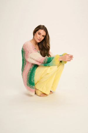 LAURA CASHMERE CARDIGAN SHORT - PINK GREEN YELLOW OFF WHITE CROCHET - LES TRICOTS D'O