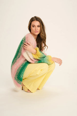 LAURA CASHMERE CARDIGAN SHORT - PINK GREEN YELLOW OFF WHITE CROCHET - LES TRICOTS D'O