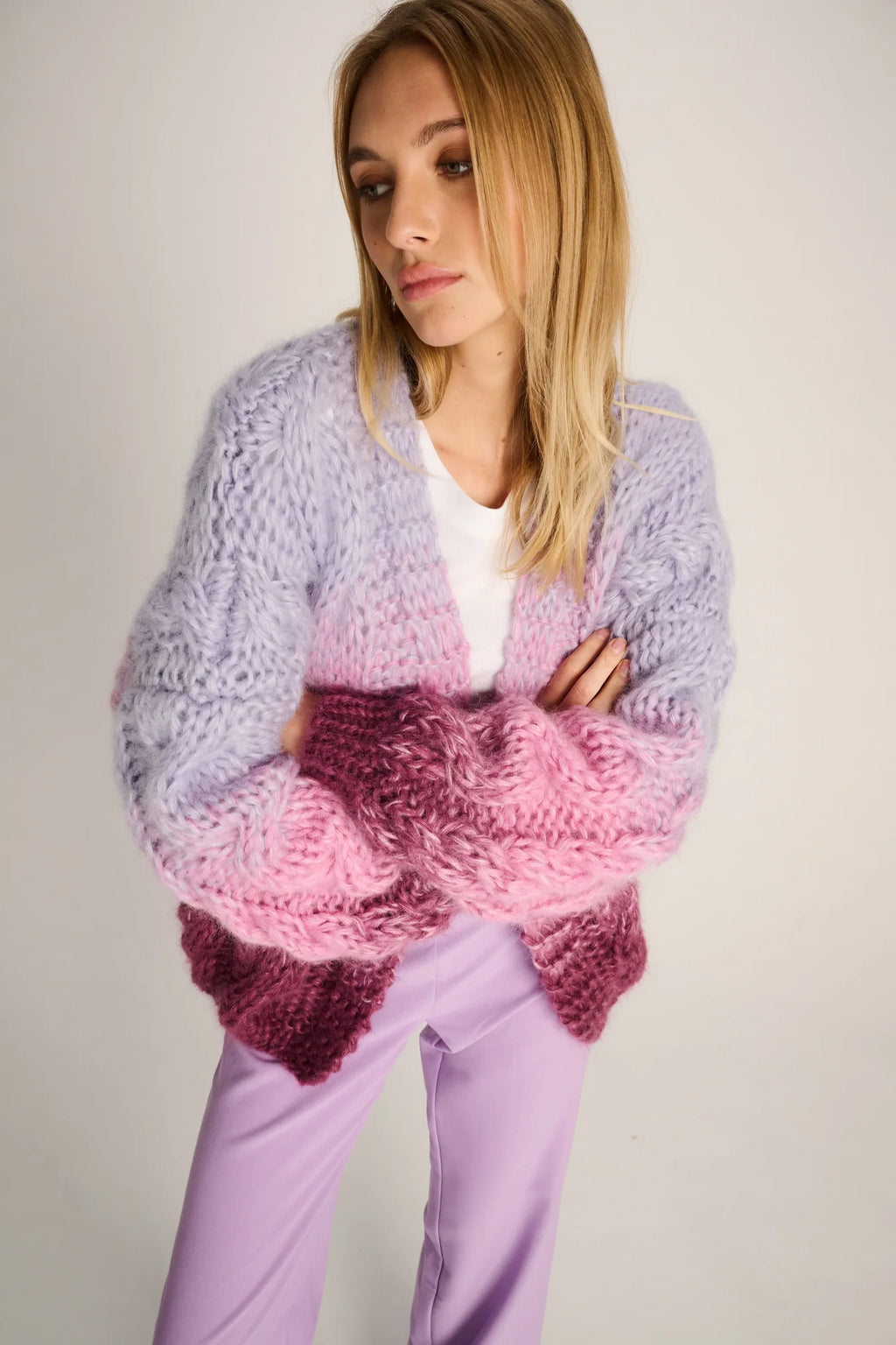 AMELIE CARDIGAN SHORT CABLE - DEGRADÉ  LILAC / PINK / PLUM - LES TRICOTS D'O