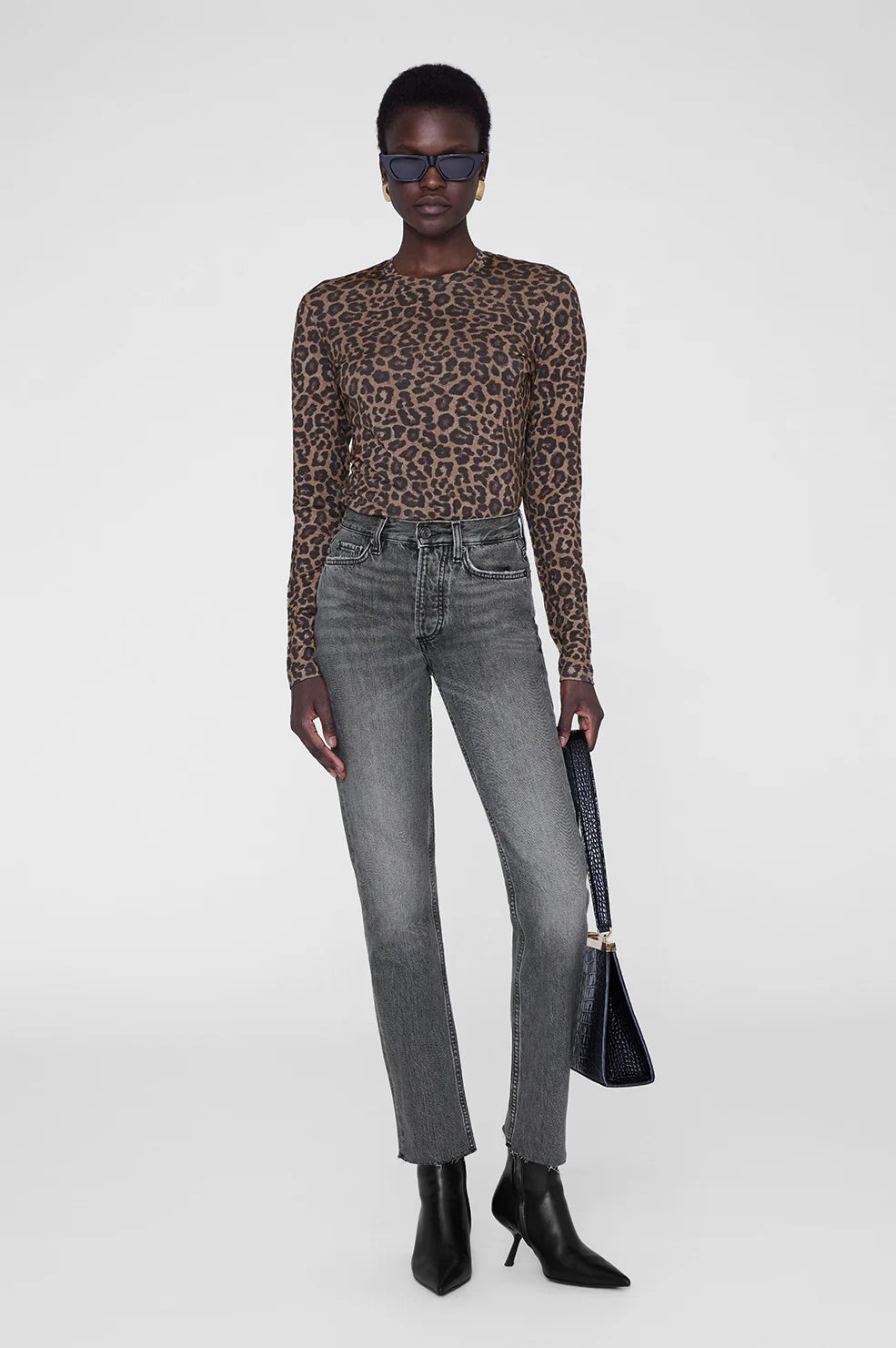 SYLVIE LONG SLEEVE TEE - BLACK AND BROWN LEOPARD - ANINE BING