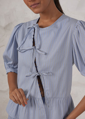 LILY ASYMMETRIC PEPLUM TIE BLOUSE - BLUE STRIPE -  SAY THE LABEL