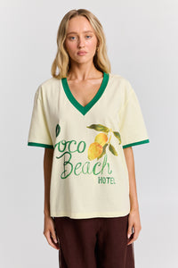 COCO BEACH HOTEL V-NECK TEE  - GREEN / YELLOW  - MAKU