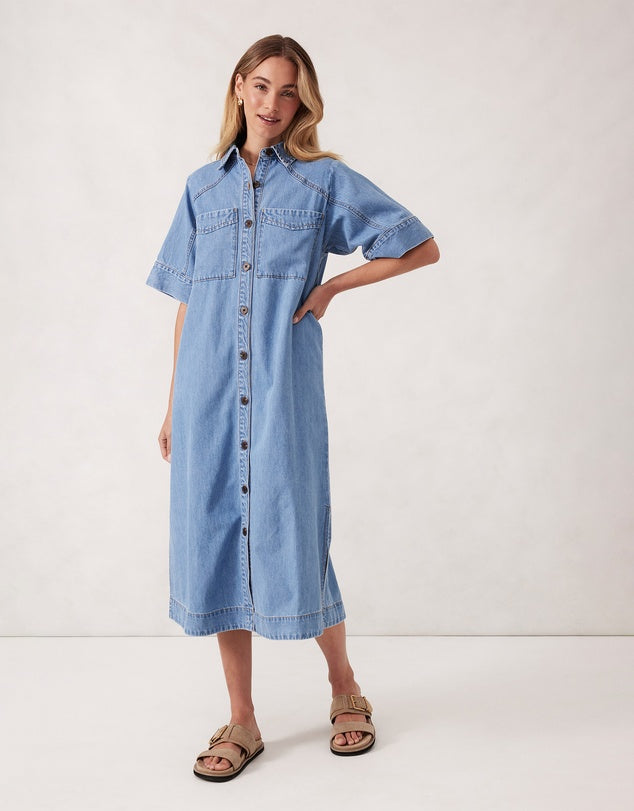 AVA SHORT SLEEVE MIDI DRESS - VINTAGE BLUE - CERES LIFE