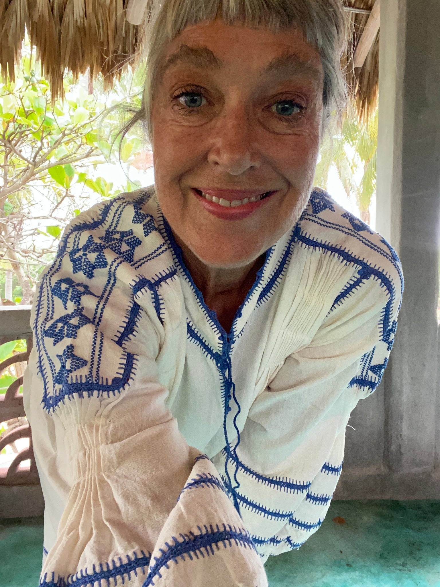 ESPANOLA DRESS LONG SLEEVE - CREAM / CORNFLOWER CROCHET - LAS NINAS