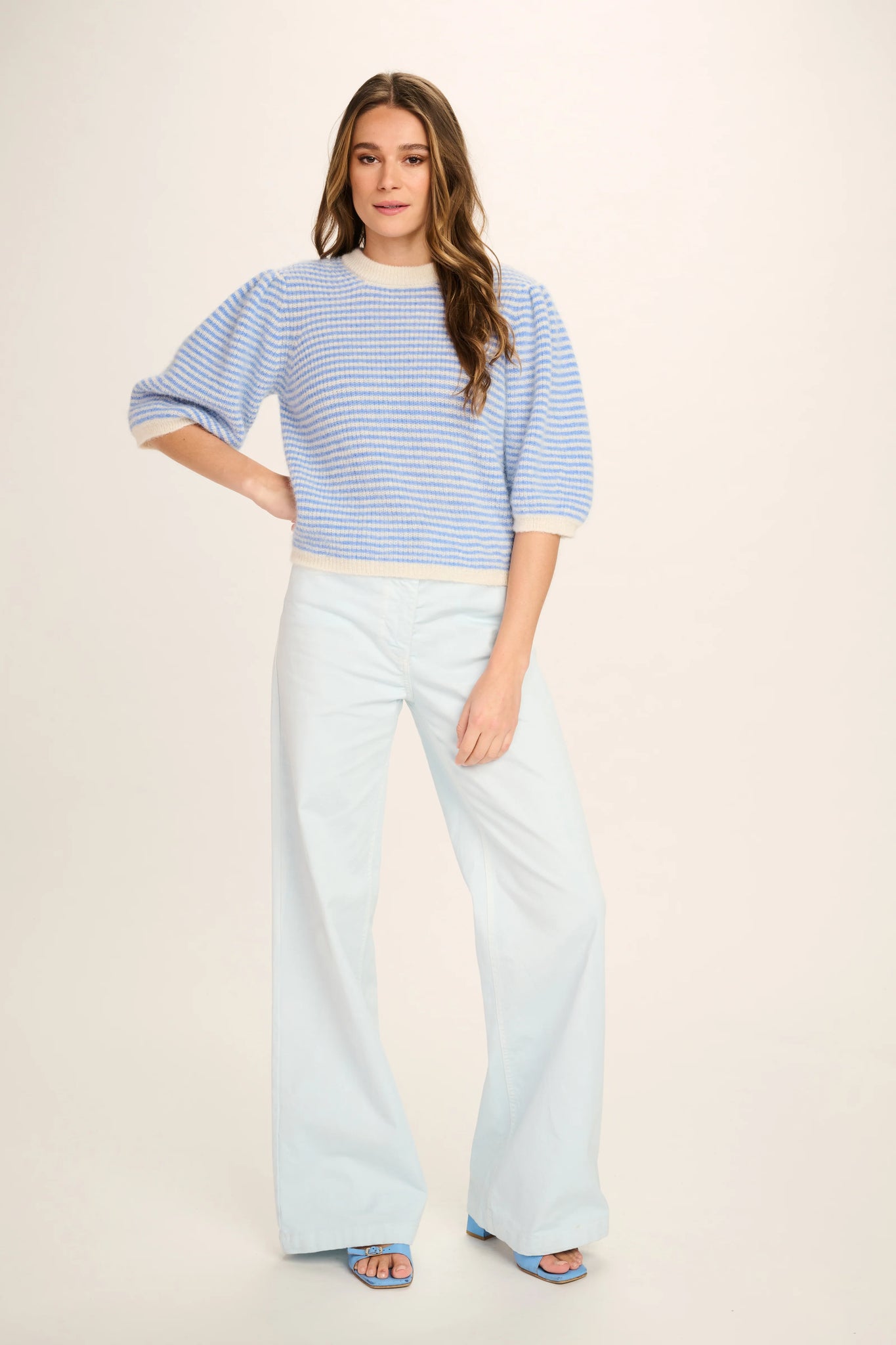 FEDERICA ALPACA PUFF SLEEVE PULLOVER - JEANS BLUE / OFF WHITE STRIPED - LES TRICOTS D'O