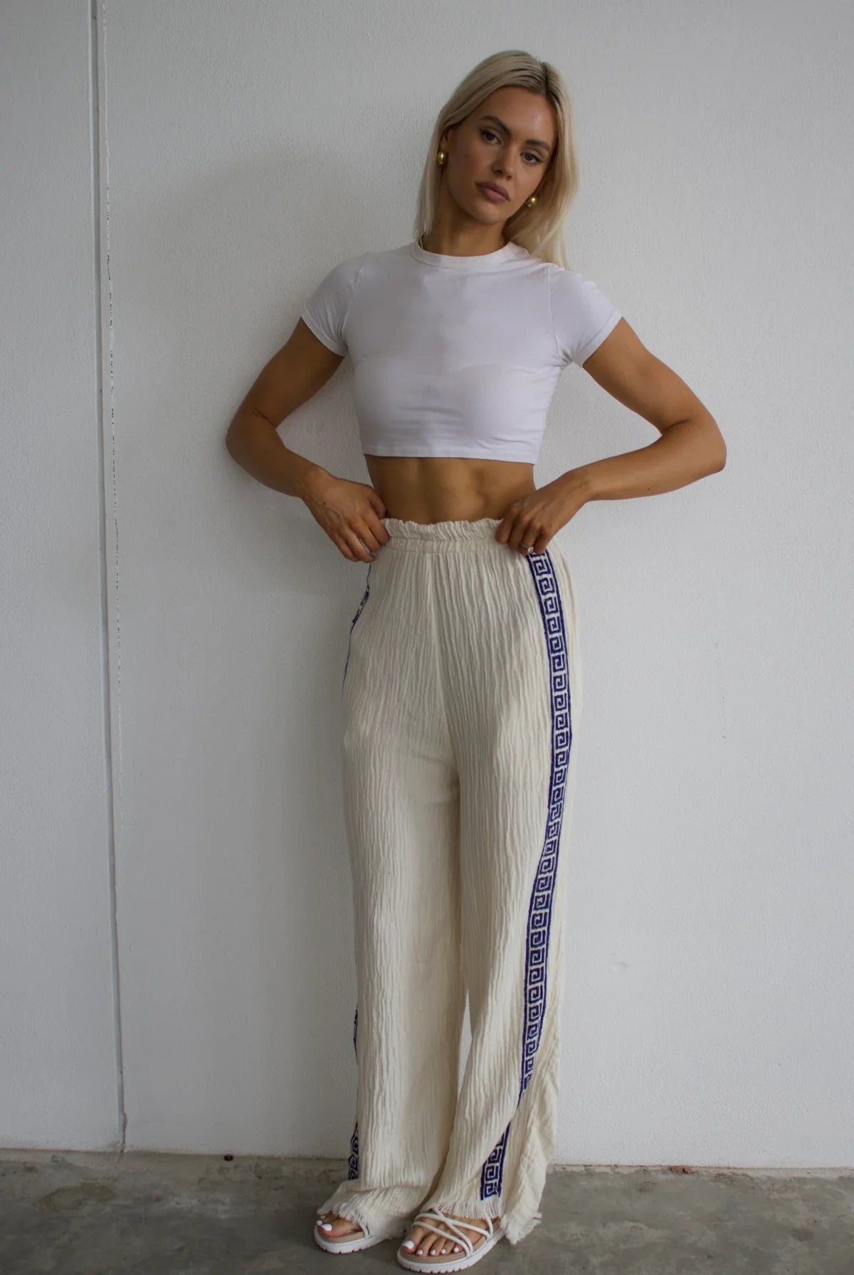 SURF PANT - NATURAL WITH NAVY HAND PRESSED DESIGN - CIE CIE