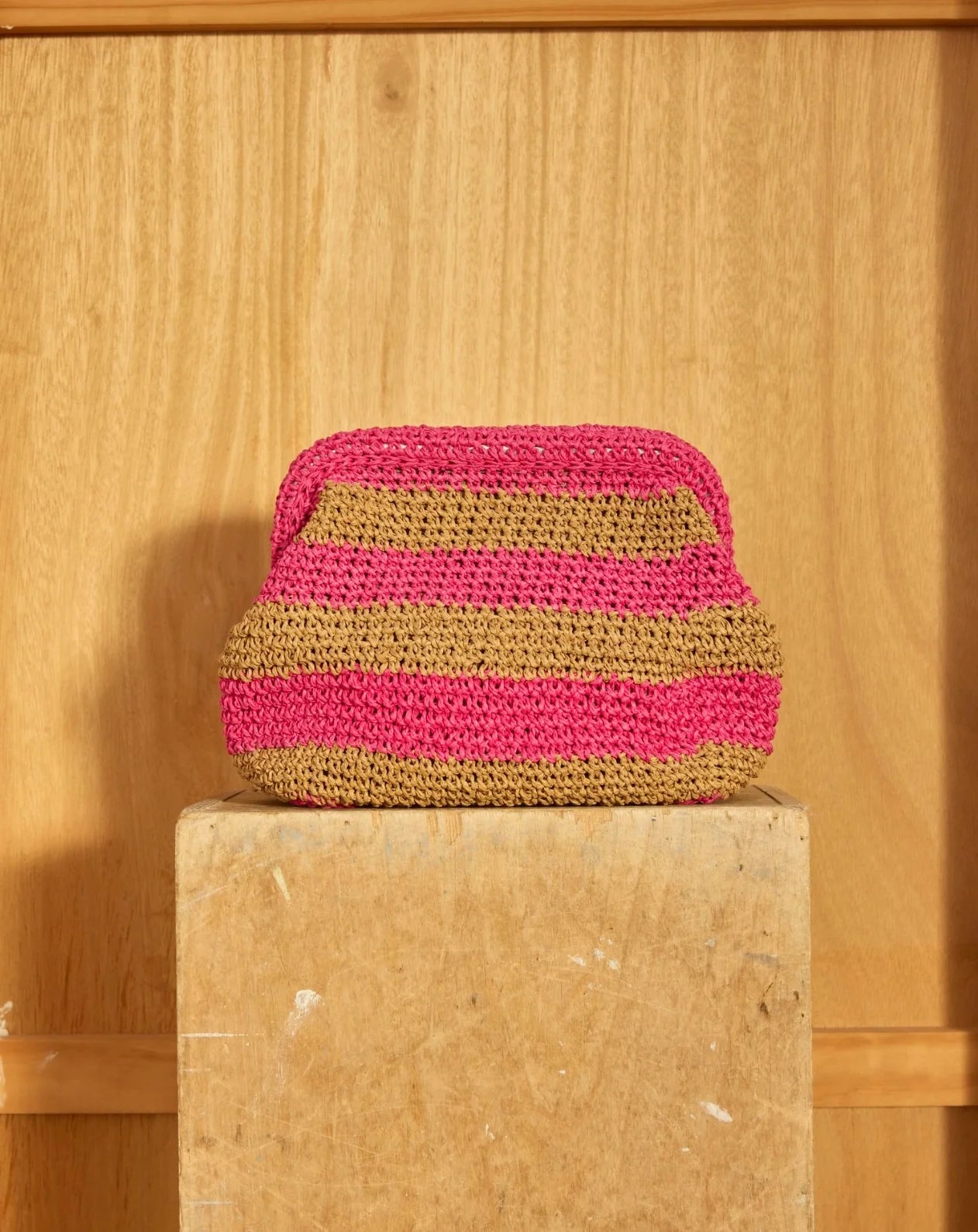 RAFFIA HANDWOVEN CLUTCH BAG -  TAN/PINK - CIE CIE