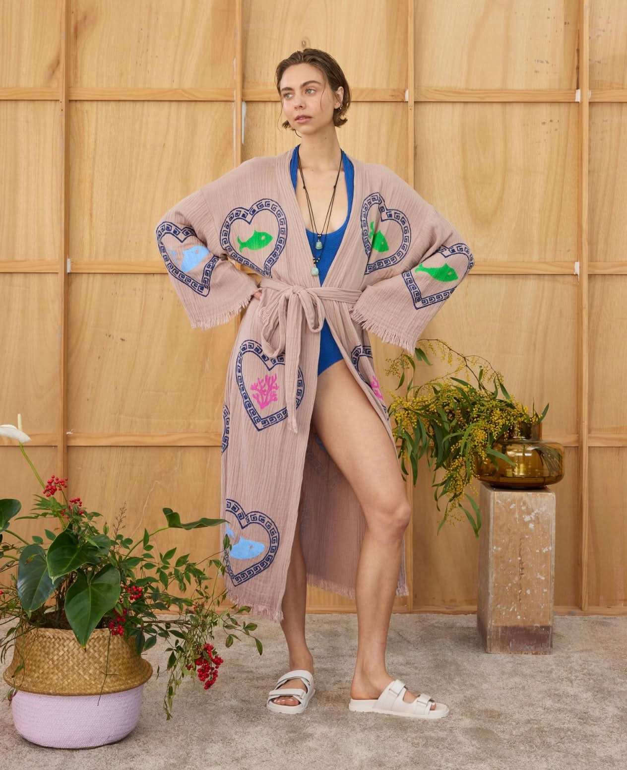 LONG ROBE  - TAN / SARDINE & CORAL - CIE CIE