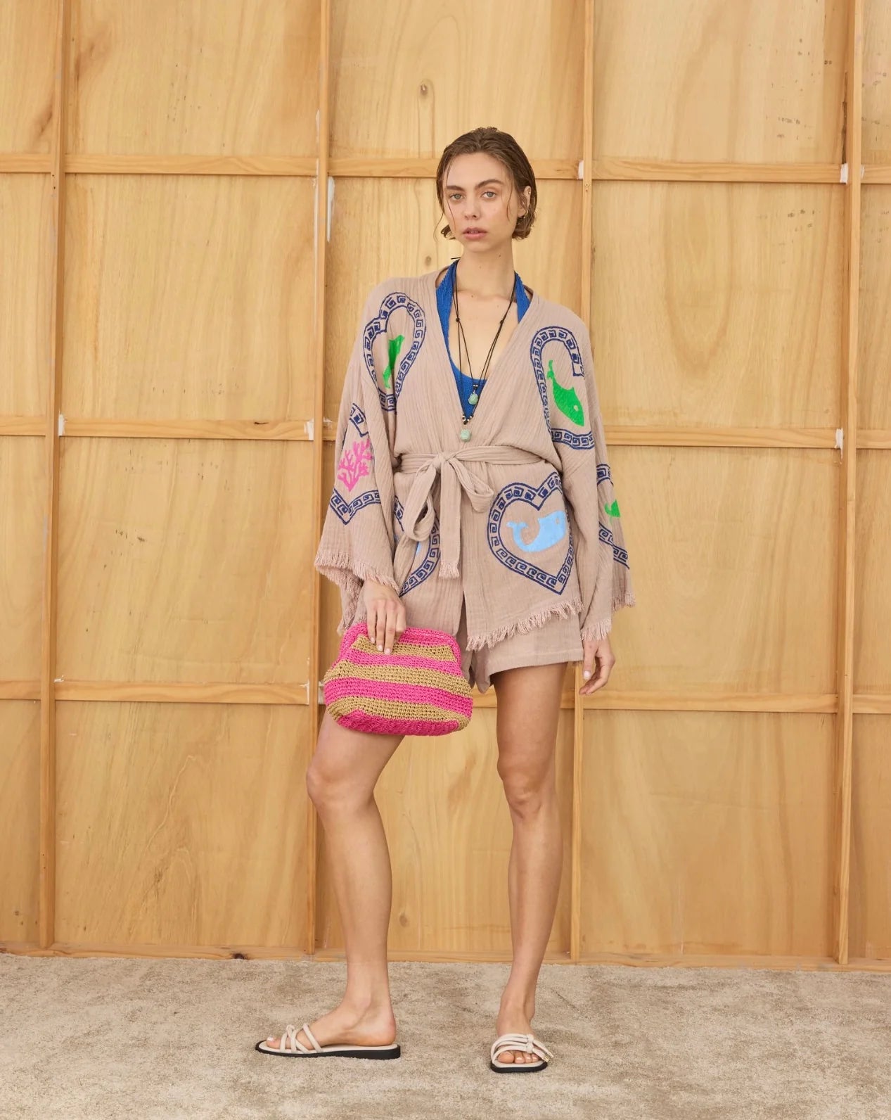 RAFFIA HANDWOVEN CLUTCH BAG -  TAN/PINK - CIE CIE