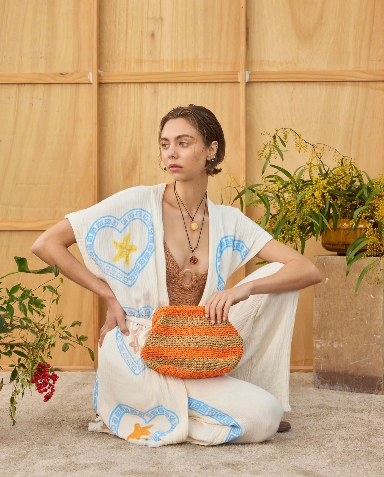 RAFFIA HANDWOVEN CLUTCH BAG -  TAN/ORANGE - CIE CIE