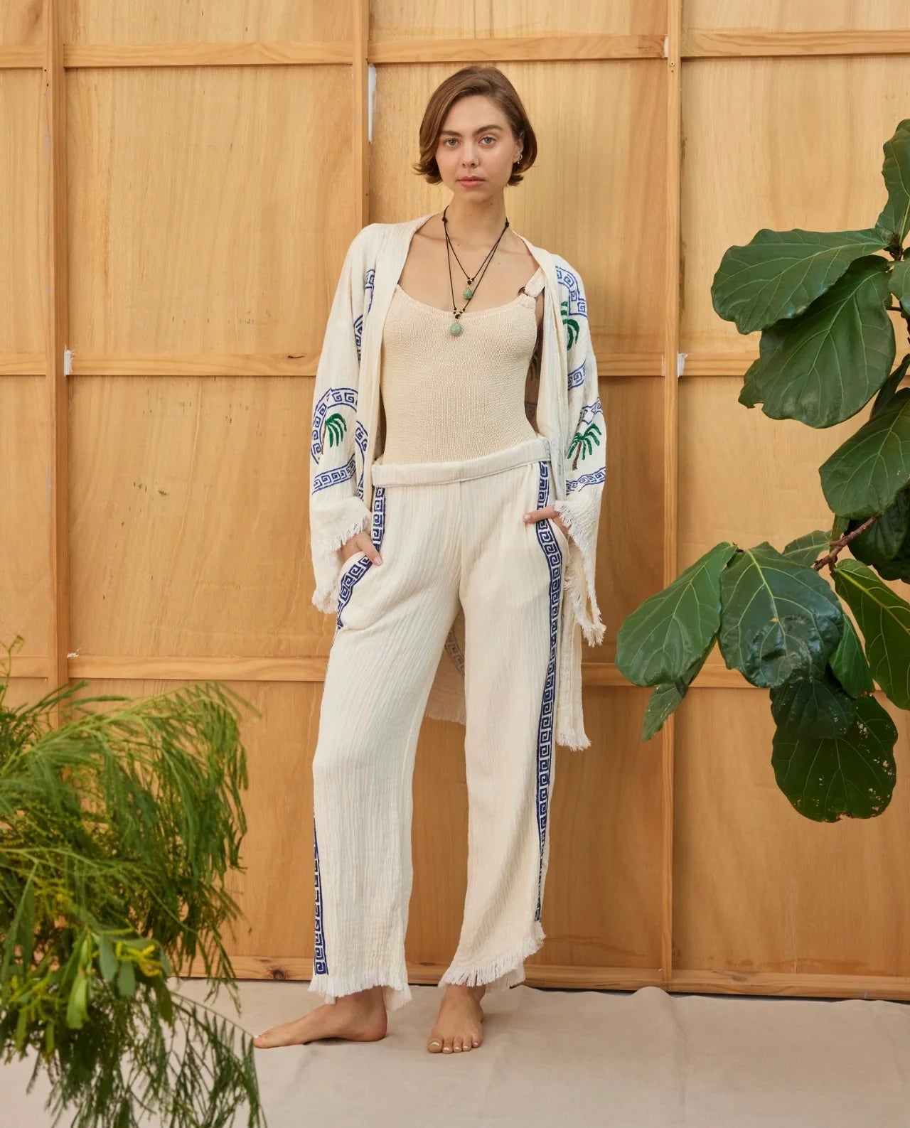 SURF PANT - NATURAL WITH NAVY HAND PRESSED DESIGN - CIE CIE