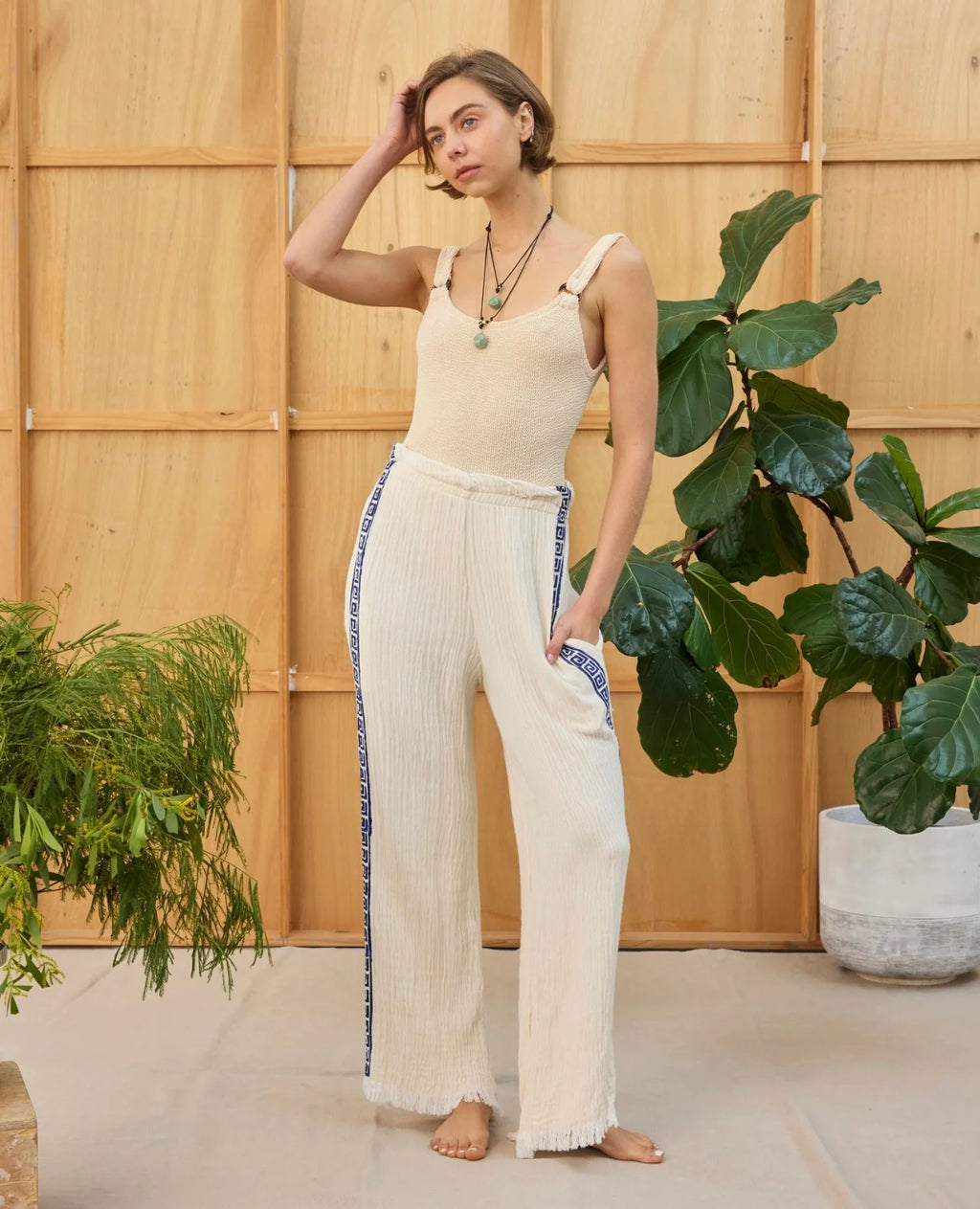 SURF PANT - NATURAL WITH NAVY HAND PRESSED DESIGN - CIE CIE