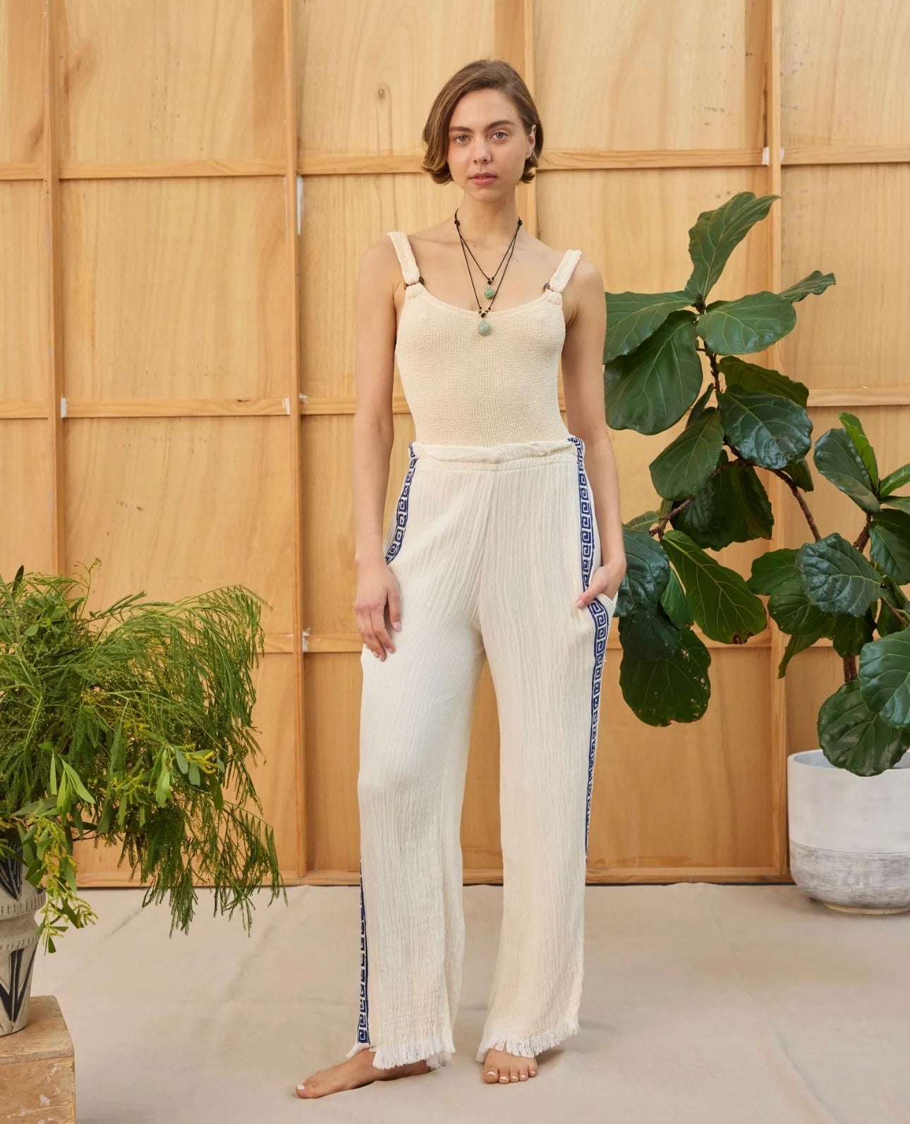 SURF PANT - NATURAL WITH NAVY HAND PRESSED DESIGN - CIE CIE