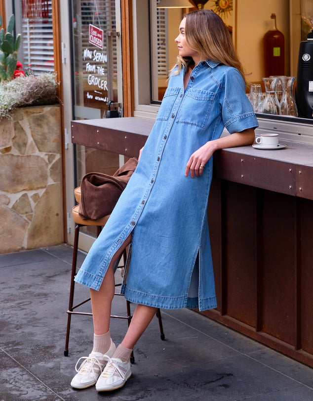AVA SHORT SLEEVE MIDI DRESS - VINTAGE BLUE - CERES LIFE