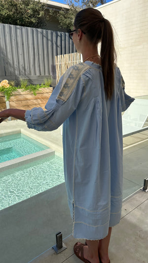ESPANOLA DRESS LONG SLEEVE - PALE BLUE / CAFE CROCHET - LAS NINAS