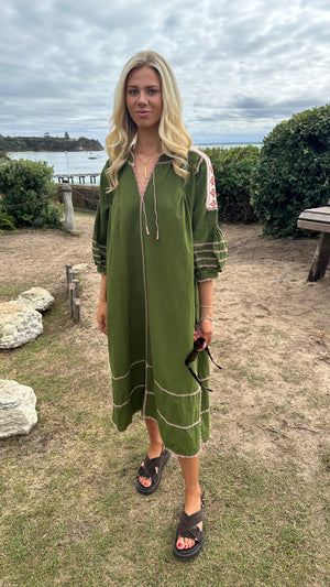 ESPANOLA DRESS LONG SLEEVE - OLIVE GREEN  / CAFE CROCHET - LAS NINAS