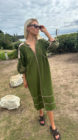 ESPANOLA DRESS LONG SLEEVE - OLIVE GREEN  / CAFE CROCHET - LAS NINAS