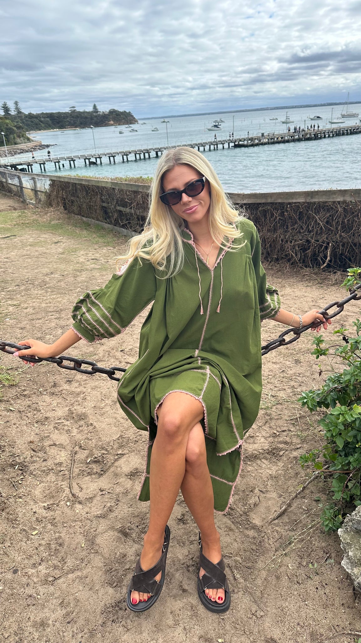ESPANOLA DRESS LONG SLEEVE - OLIVE GREEN  / CAFE CROCHET - LAS NINAS