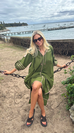 ESPANOLA DRESS LONG SLEEVE - OLIVE GREEN  / CAFE CROCHET - LAS NINAS