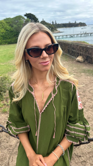 ESPANOLA DRESS LONG SLEEVE - OLIVE GREEN  / CAFE CROCHET - LAS NINAS
