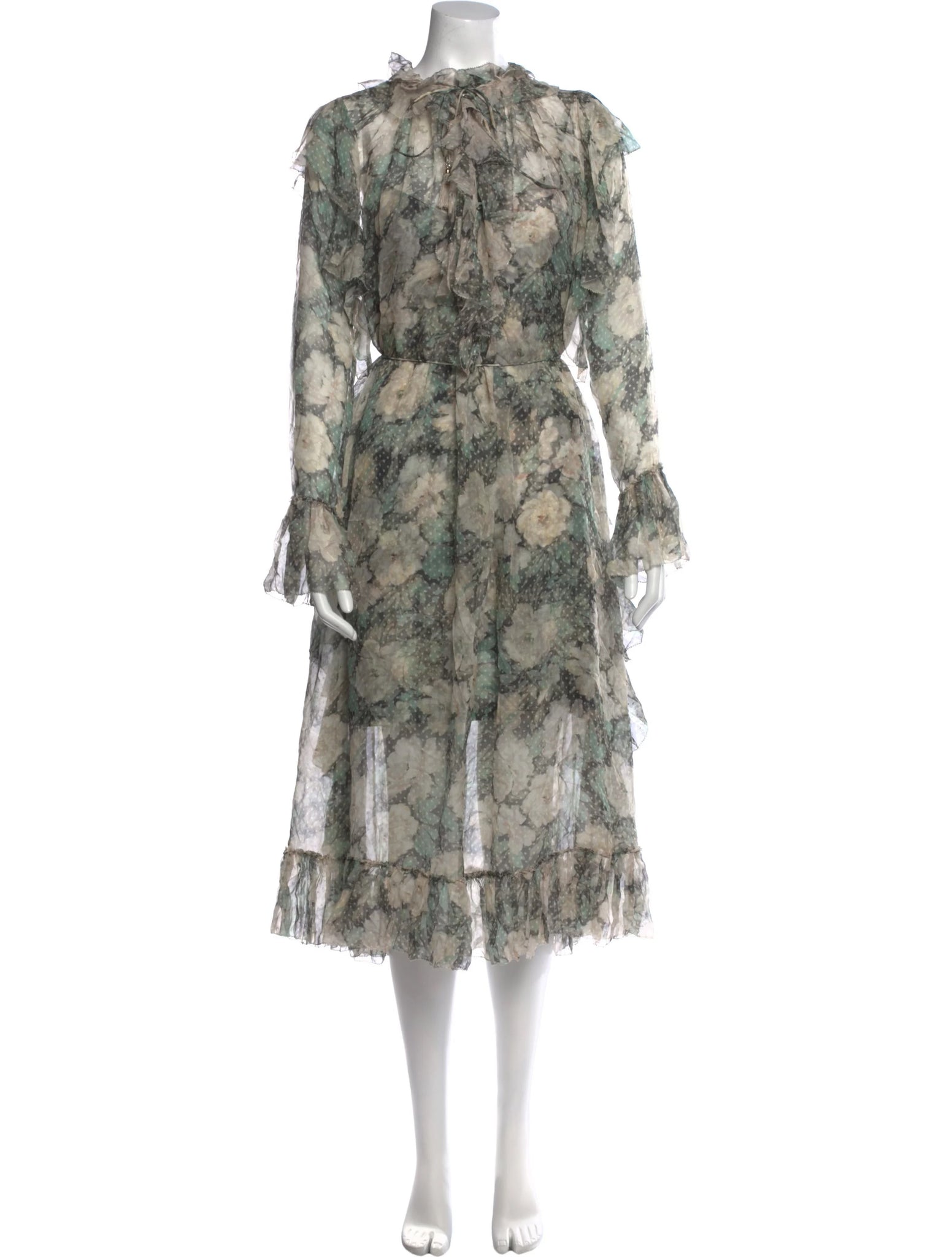 ZIMMERMANN BOWERBIRD RUFFLE FLORAL PRINT SILK DRESS - GREEN - PRE LOVED