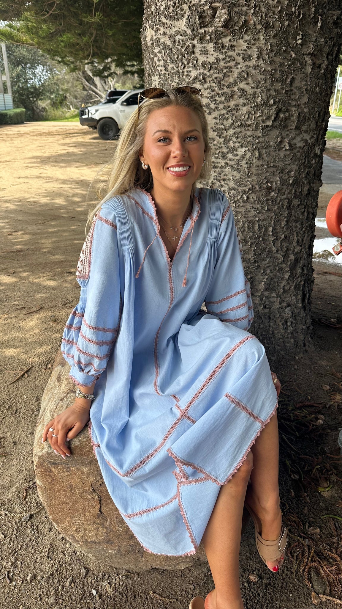 ESPANOLA DRESS LONG SLEEVE - PALE BLUE  / CAFE CROCHET - LAS NINAS