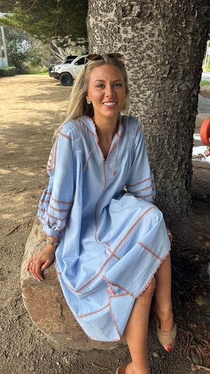 ESPANOLA DRESS LONG SLEEVE - PALE BLUE / CAFE CROCHET