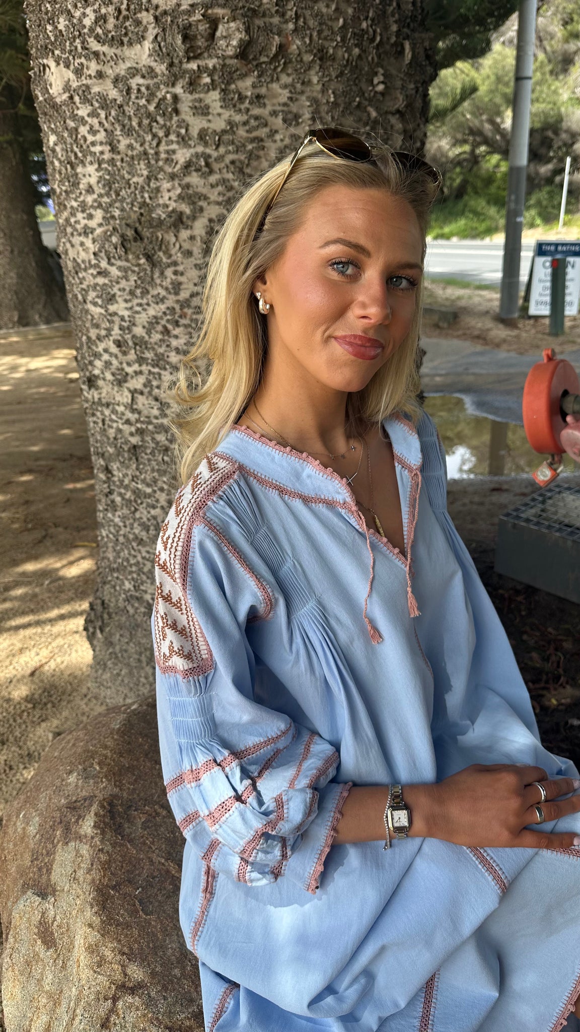 ESPANOLA DRESS LONG SLEEVE - PALE BLUE  / CAFE CROCHET - LAS NINAS