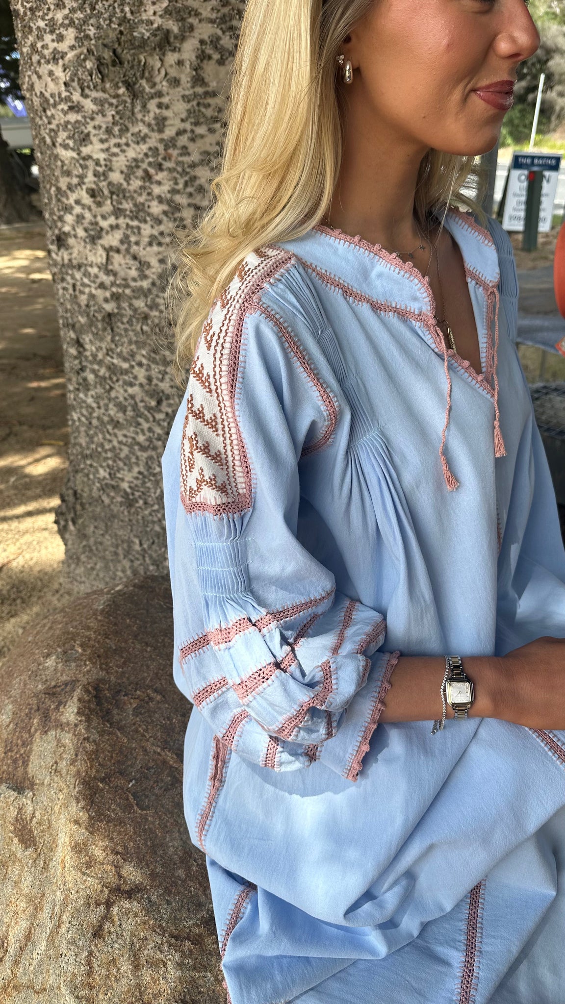 ESPANOLA DRESS LONG SLEEVE - PALE BLUE  / CAFE CROCHET - LAS NINAS