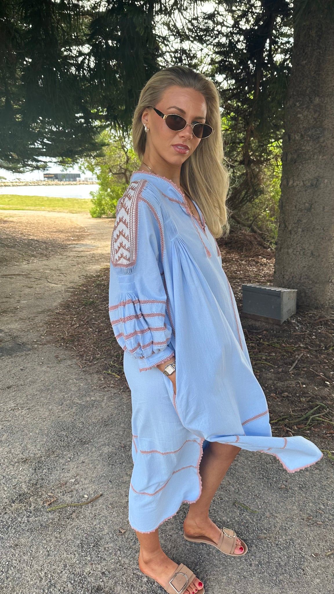 ESPANOLA DRESS LONG SLEEVE - PALE BLUE  / CAFE CROCHET - LAS NINAS