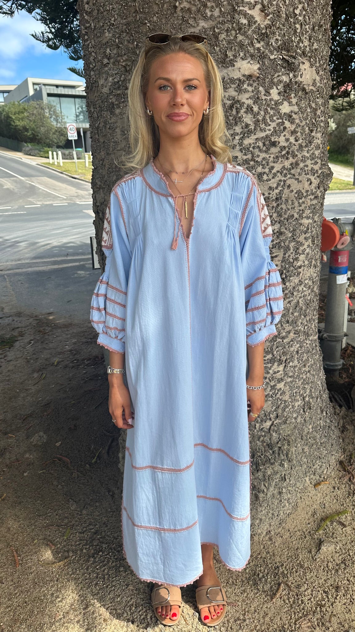ESPANOLA DRESS LONG SLEEVE - PALE BLUE  / CAFE CROCHET - LAS NINAS