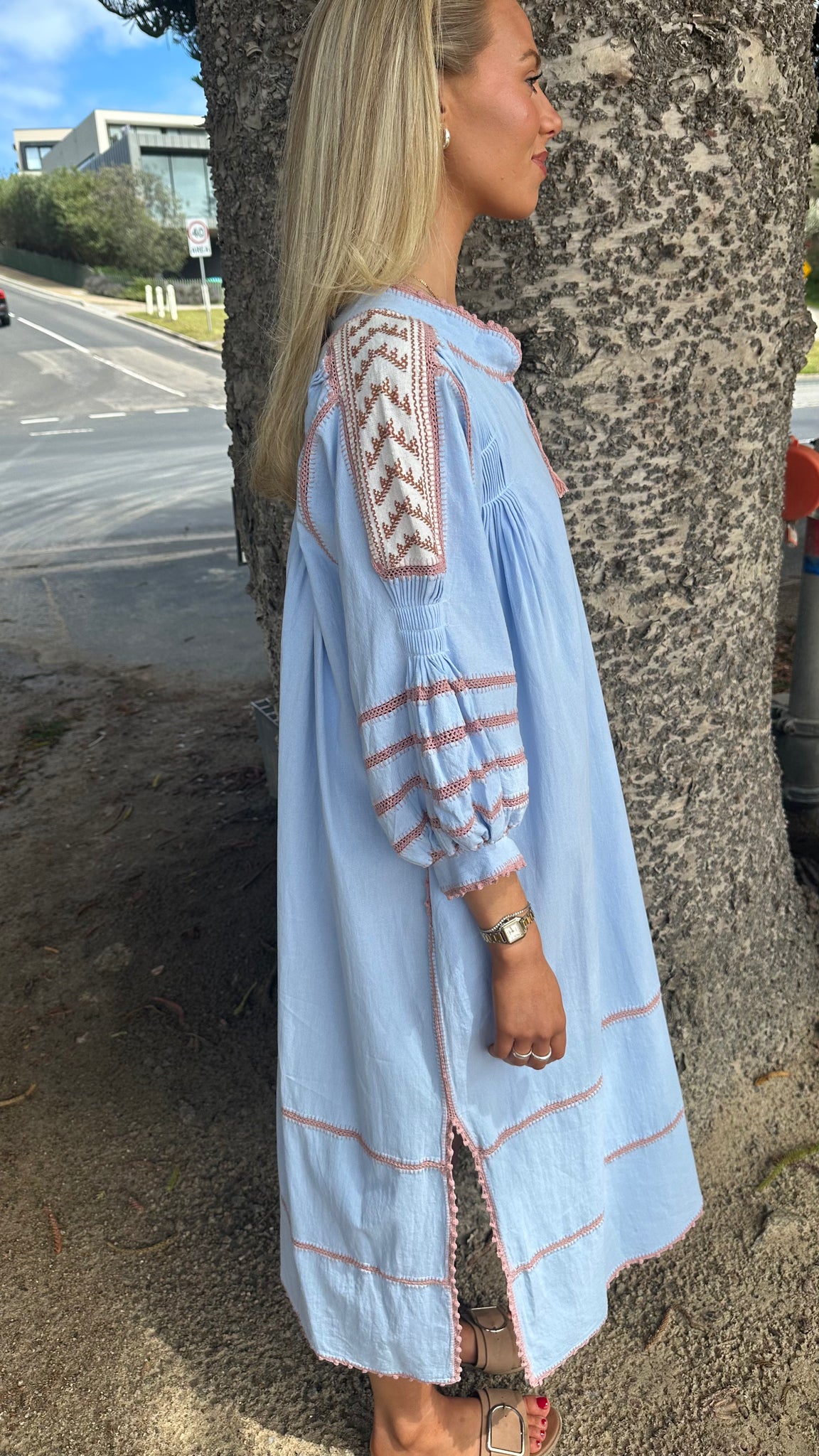 ESPANOLA DRESS LONG SLEEVE - PALE BLUE  / CAFE CROCHET - LAS NINAS