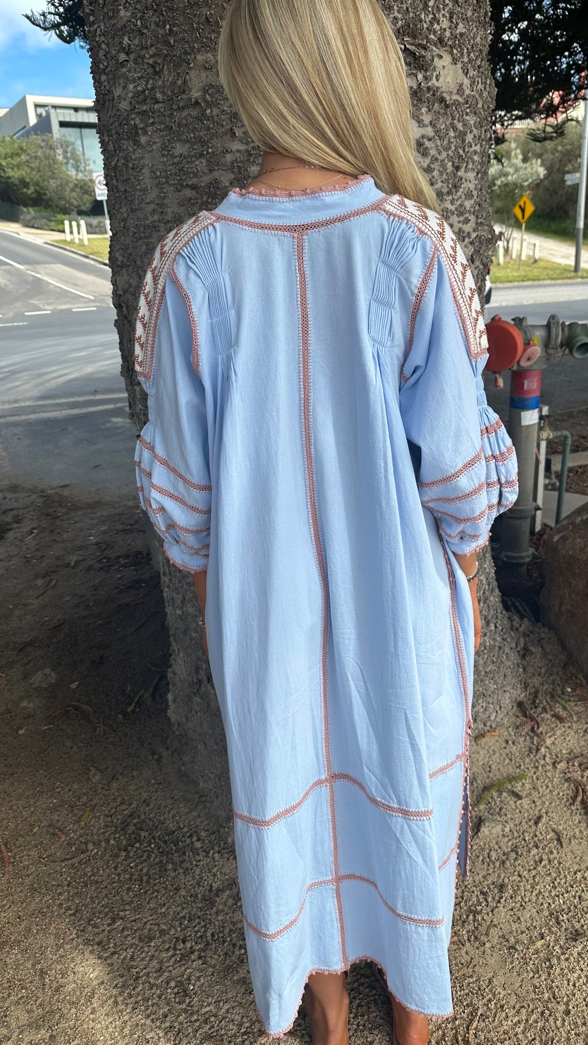 ESPANOLA DRESS LONG SLEEVE - PALE BLUE  / CAFE CROCHET - LAS NINAS