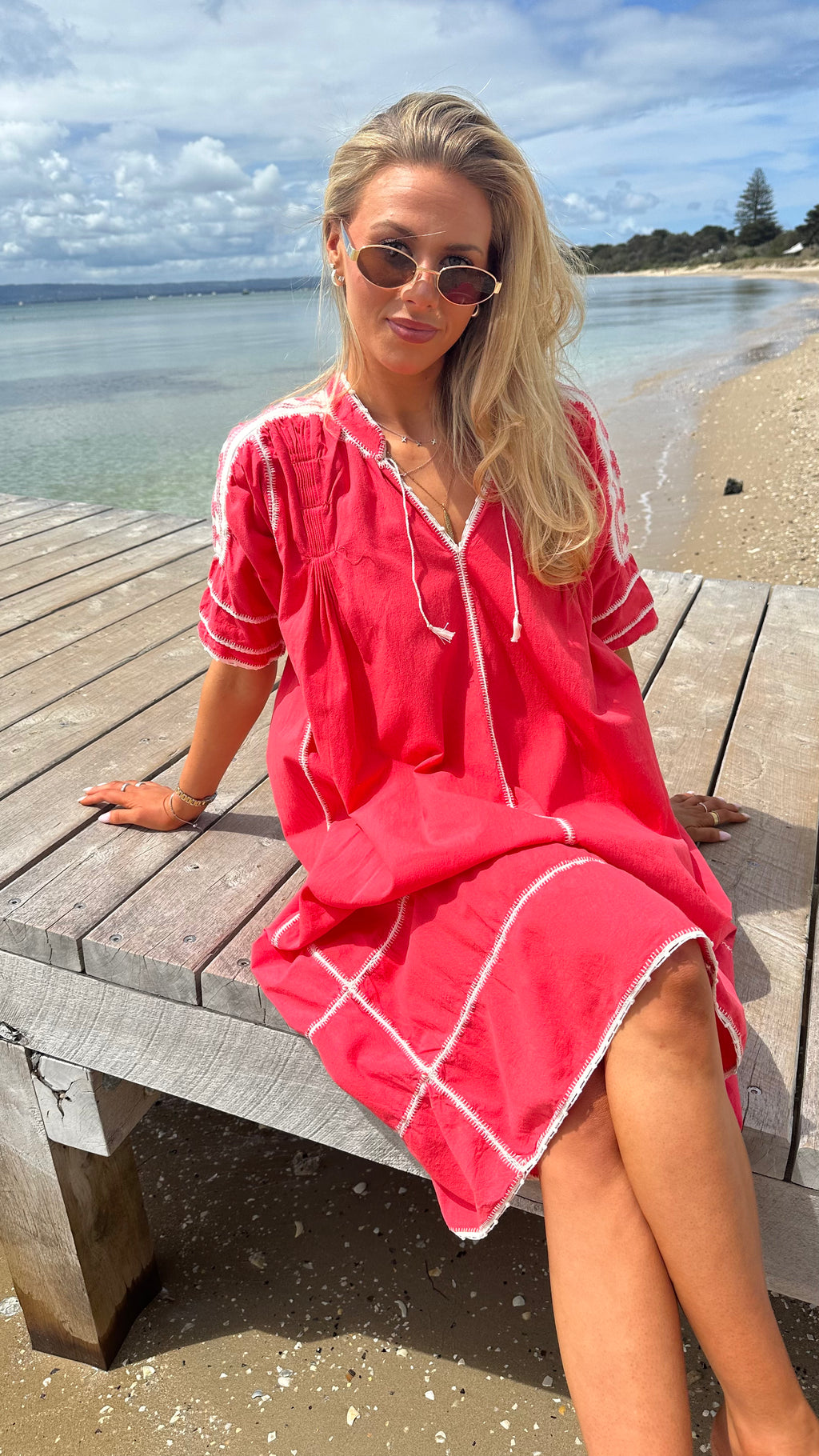 ESPANOLA DRESS SHORT SLEEVE - CORAL / WHITE CROCHET - LAS NINAS