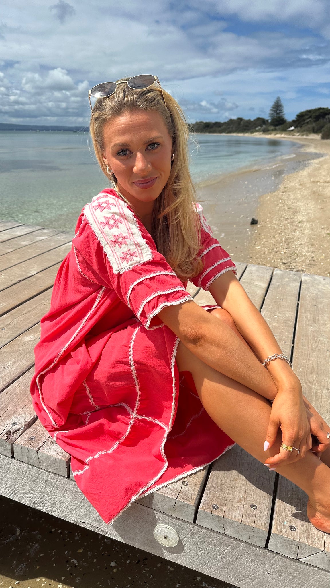 ESPANOLA DRESS SHORT SLEEVE - CORAL / WHITE CROCHET - LAS NINAS