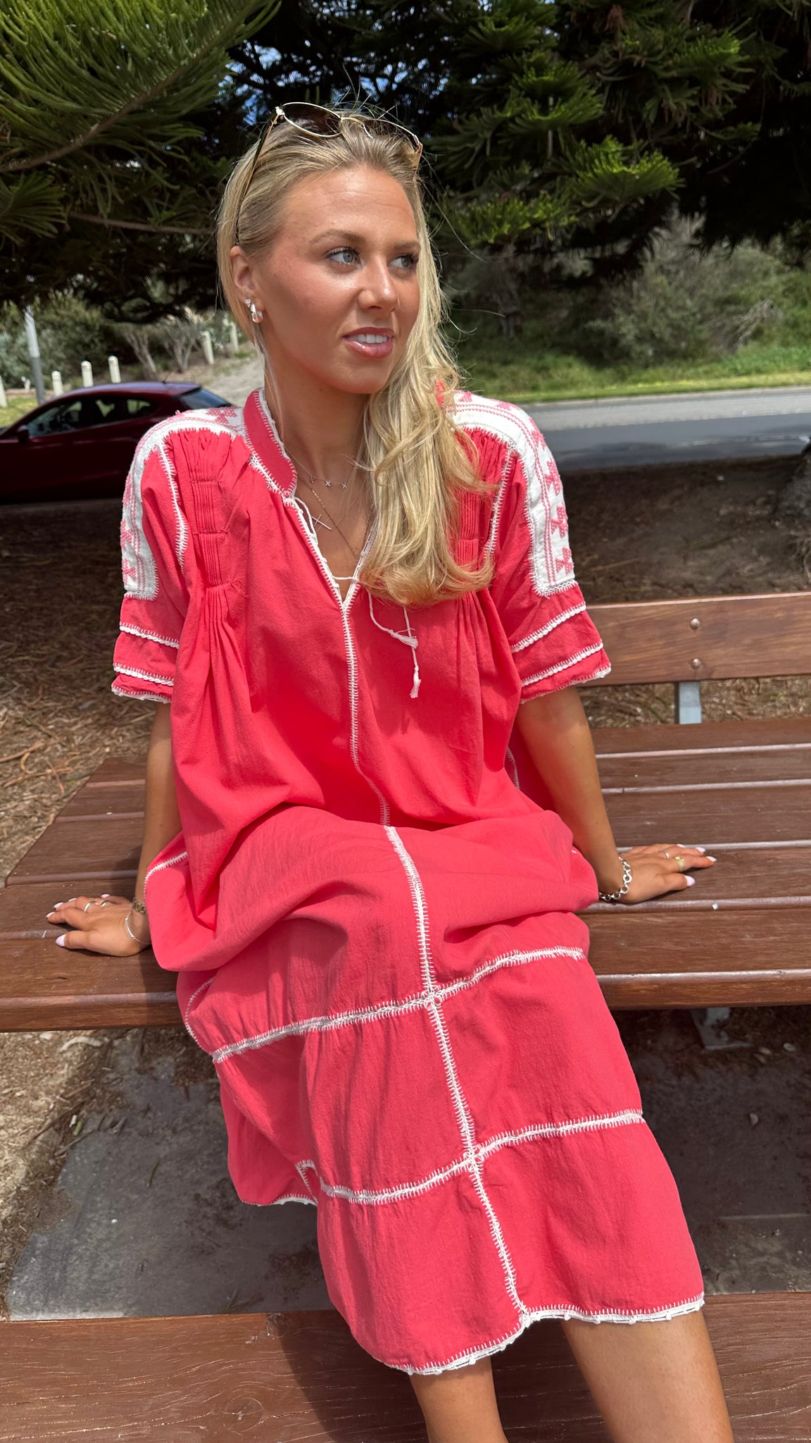 ESPANOLA DRESS SHORT SLEEVE - CORAL / WHITE CROCHET - LAS NINAS