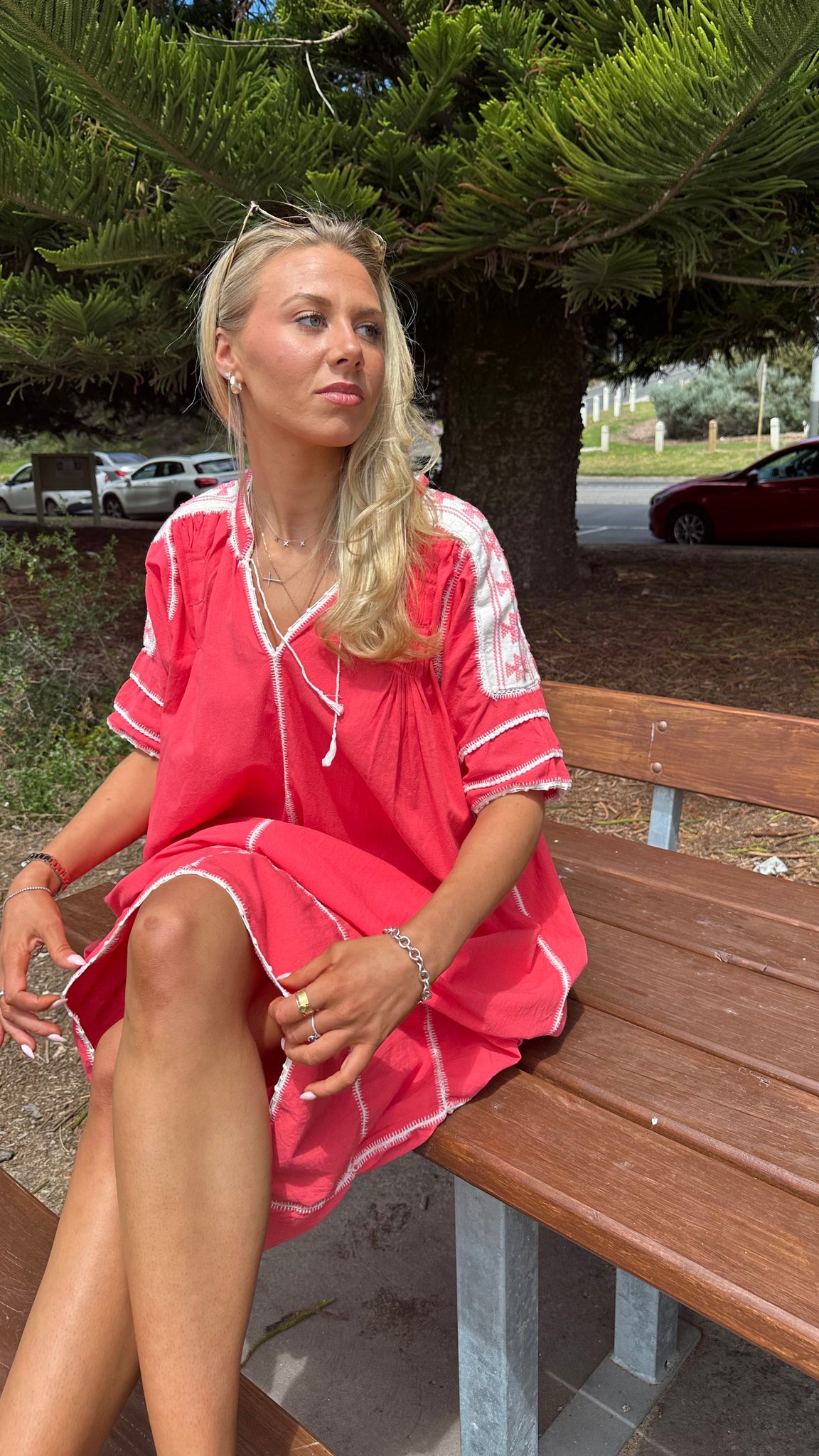 ESPANOLA DRESS SHORT SLEEVE - CORAL / WHITE CROCHET - LAS NINAS