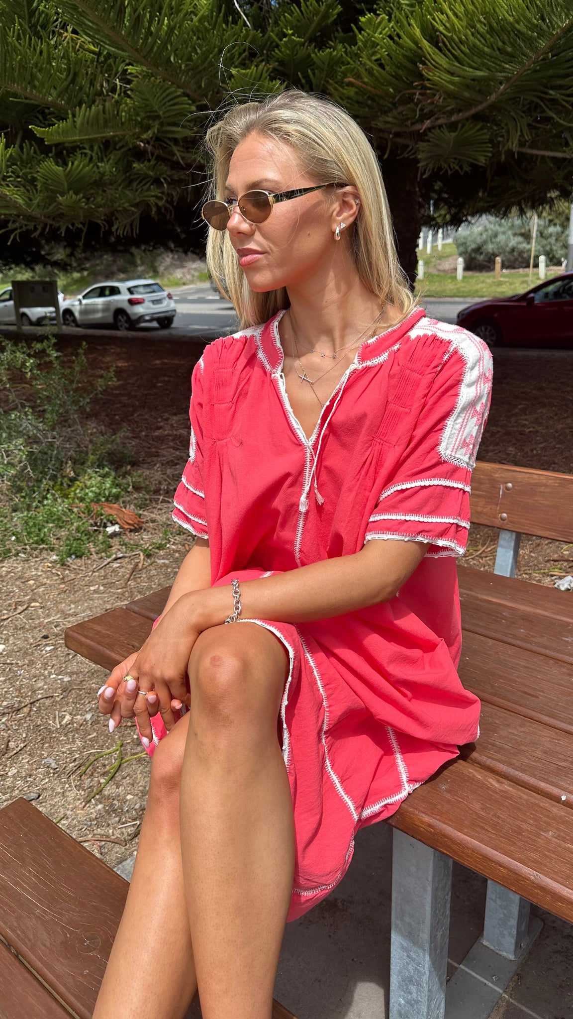 ESPANOLA DRESS SHORT SLEEVE - CORAL / WHITE CROCHET - LAS NINAS