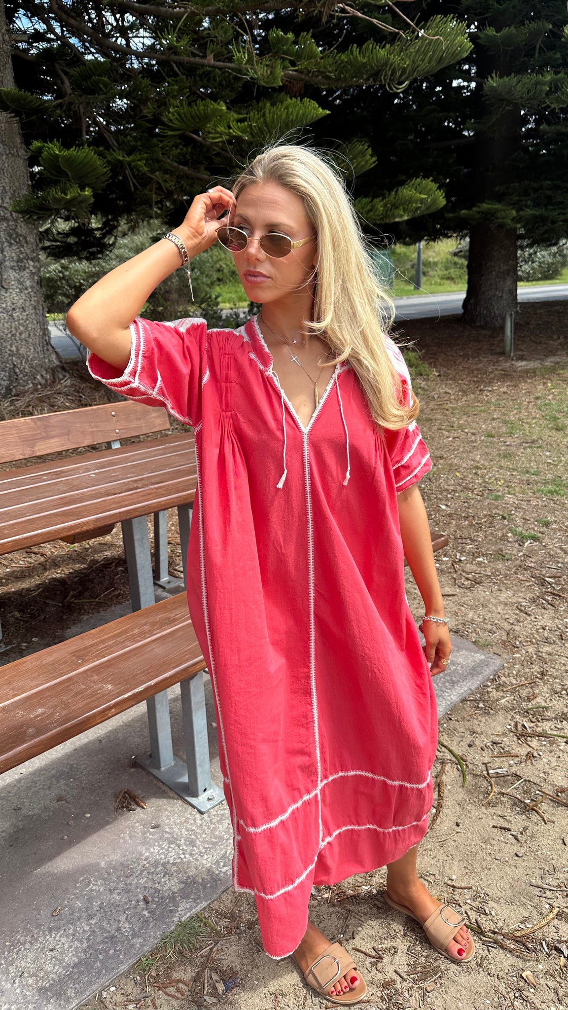 ESPANOLA DRESS SHORT SLEEVE - CORAL / WHITE CROCHET - LAS NINAS